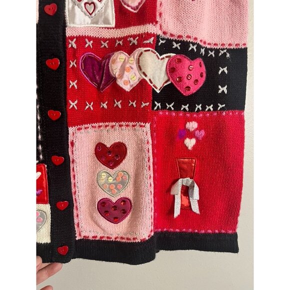 Retro Valentine Sweater Knit Vest Pink 12 Beaded Patchwork Classic Chic Metallic - Picture 8 of 11